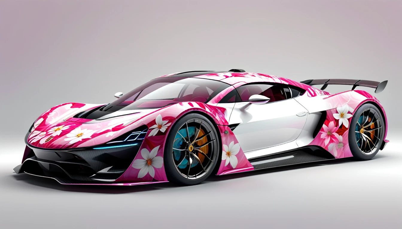 Futuristic super sports car design, Thousand Flower Pattern, Pink and white, Smooth and streamlined, Carbon fiber material, 3d rendering, Octane Rendering, 8K, Ultra HD, Very detailed, Surrealism, Front view,Thousand Flower Glass Style