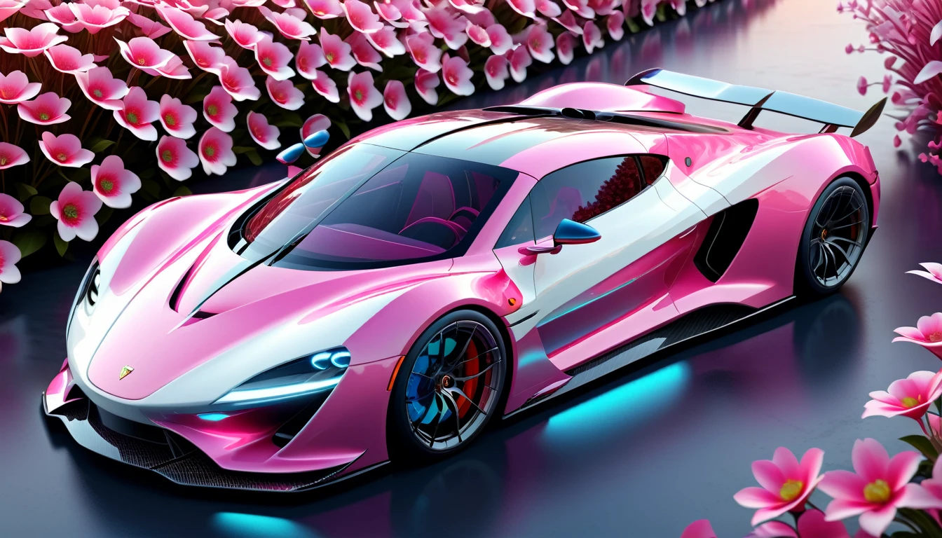 Futuristic super sports car design, Thousand Flower Pattern, Pink and white, Smooth and streamlined, Carbon fiber material,  3d rendering, Octane Rendering, 8K, Ultra HD, Very detailed, Surrealism, Front view,Thousand Flower Glass Style