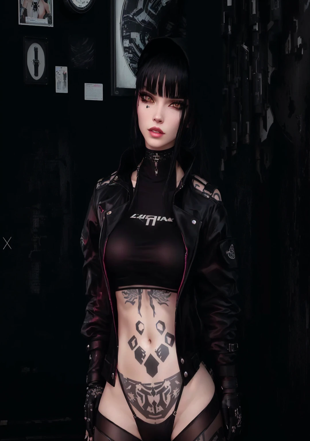 há uma mulher com roupa de couro e uma tatuagem na barriga, cenário cyberpunk, ciberpunk outfit, roupa cibernética gótica, ciberpunk style outfit, wearing ciberpunk leather jacket, gothic - ciberpunk, wearing ciberpunk streetwear, estilo sombrio e sensual, all black ciberpunk clothes, cibergótico, ciberpunk))))), seductive ciberpunk dark fantasy, ciberpunk streetwear, ciberpunk femme fatale