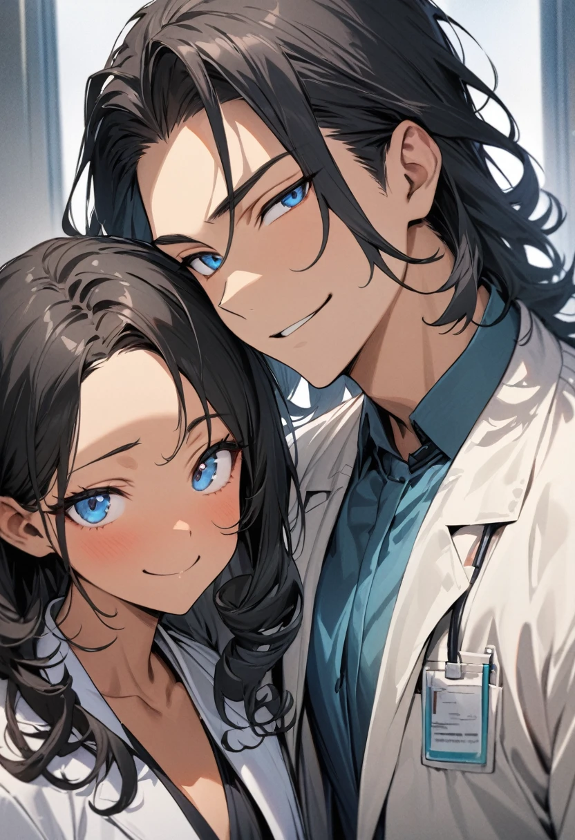 (( straight face picture )) ((best quality)), (Masterpiece)), (details), ( Beautiful colors ) ( ornamentation ) ,doctor ,young man , Tanned skin , black hair,blue eyes ,Shoulder-length hair ,Slightly curly hair , open forehead , suit ,doctor , Smiling.





