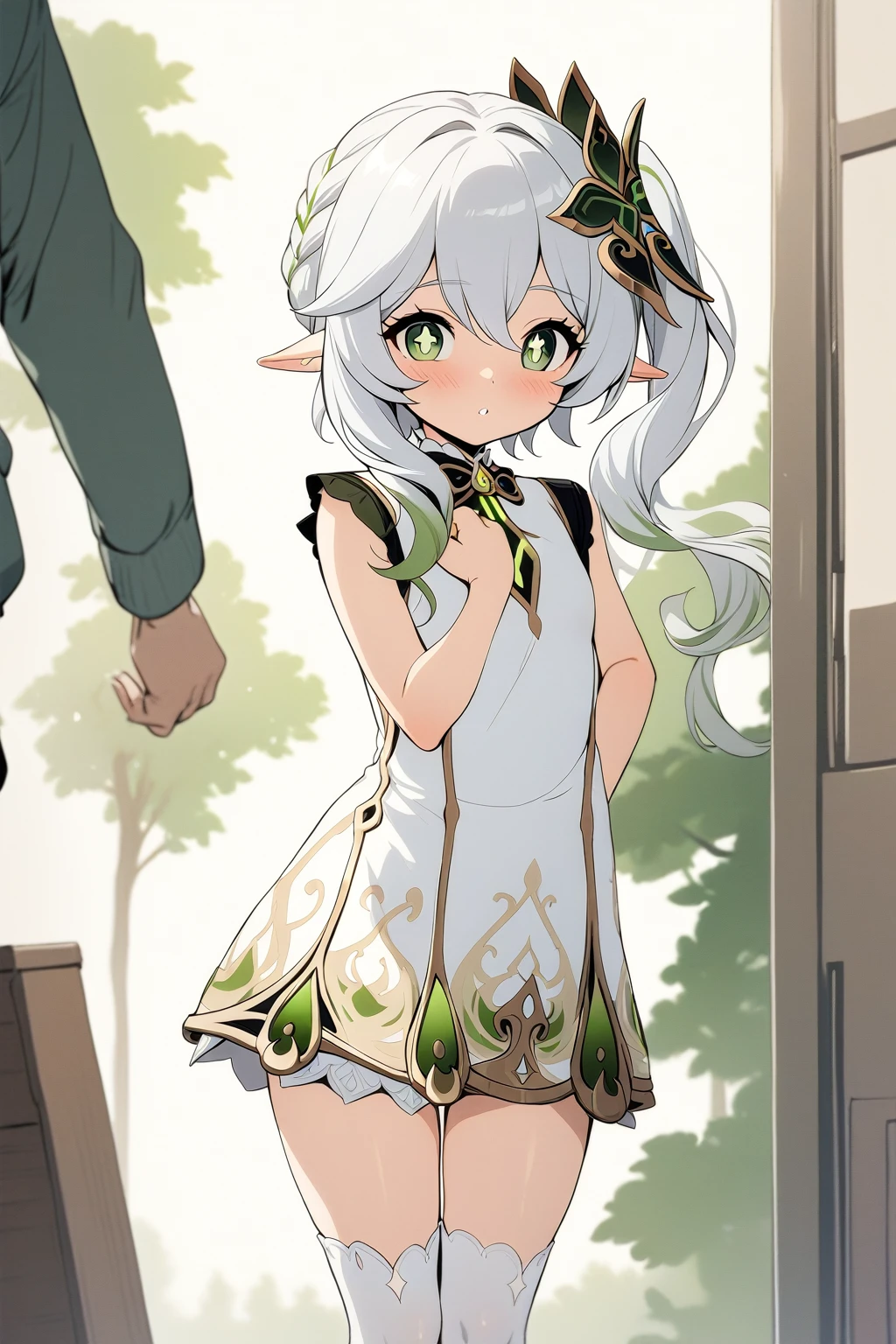 masterpiece, best quality,1 Girl,Nashida \(Genshin Impact\),,Front Miniskirt,Shooting Shirt,sleeveless, bow,White stockings,Stand in front of the school, Retro art style,