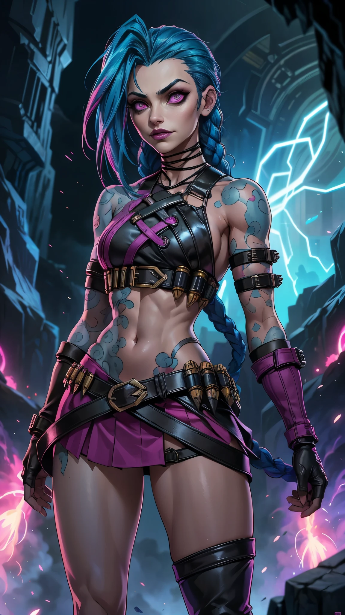 jinx arcane, uma mulher com hair blue e tatuagens, cyberpunk woman anime woman,(mini skirt pink :1.4) ,hyper detailed,extremely detailed,High contrast,Masterpiece,realist,ultra detailed, intricate details,realistic wet leather,extremely intricate,Epic realist, pants, Beautiful angry cyberpunk goddess, cyberpunk artstyle, cyberpunk anime digital art, cyberpunk anime art, Arcane Jinx Retrato, cyberpunk anime art, cyberpunk themed art, cyberpunk dark fantasy, arcane style, 1 girl, cloud tattoo on the arm, asymmetrical bangs, bangss, hair blue, blue braids, brown shirt, cloud tattoo, sideways, hair blue, long hair, pink eyes, Red lips, standing , cloud tattoo, Twin braids. Arcane Jinx. Jinx in a burning place, spark, spheres of light, Film Poster, Jinx, Arcane\(league of legends\, Epic Fantasy Art Style HD, 4K fantasy art, epic fantasy digital art style, epic fantasy art style, Fantasy Woman, epic fantasy art portrait, Epic fantasy style, hyperrealistic fantasy art, hd fantasy art, Epic fantasy character art, epic fantasy art, in style of dark fantasy art, epic fantasy digital art, ,(Fondo de ruinas de mazmorra en ruinas:1.4 ),( face detailed :1.4), (anatomía perfecta :1.4),( iluminación cinematográfica :1.4), (Jinx League of legends:1.4), More detailed 8K.motor irreal:1.4,UHD,La mejor calidad:1.4, fotorrealista:1.4, textura de la piel:1.4, obra maestra:1.8,obra-prima, mejor calidad,objeto Objeto], (detailed face features:1.3),(Las proporciones correctas),(Ojos hermosos azules),  (pose vaquero), (fondo piedras grandes cueva caverna :1.4) 