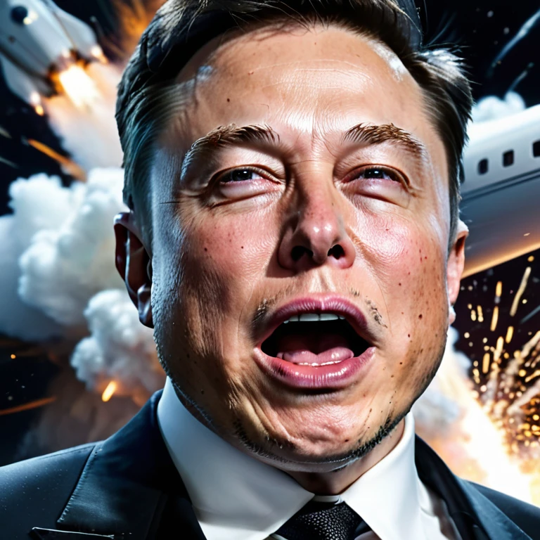 Elon Musk Billionaire with crying face, jet, luxury, money, rocket rising, explosion