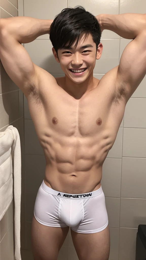 13 years old、Japanese men、Pretty short sporty short black hair、Short but well-trained muscles、In the small bathroom at night、Showing a pair of thin white boxer briefs with a rather tight and elaborate design.、A happy smile with a wide open mouth、Short height makes armpits visible、The whole body is clearly visible、He happily shows off his thin white briefs.、A man with manly, swollen muscles and a childlike smile