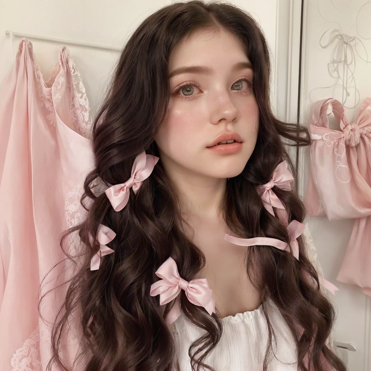 there is a woman with long hair and a white dress, wearing a pink hair bow, ribbon in her hair, pigtails hairstyle, with long curly hair, giant pink curls, beautiful dolphin, Anna Nikonova aka Newmilky, using hair bow, cute aesthetic with flutter, with long curly, curtain bangs, two pigtails hairstyle, Kailee Mandel