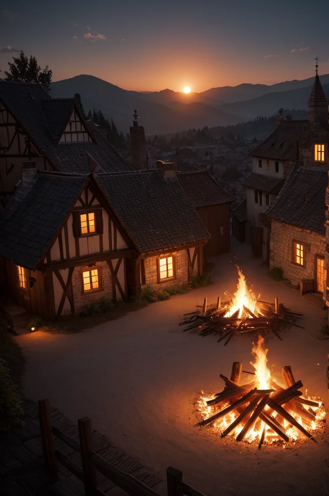 Make a background of a bonfire in a dark medieval village 