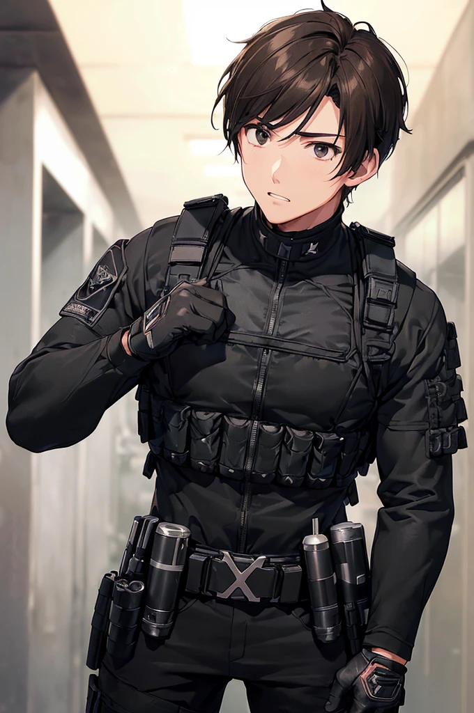 (((masterpiece; best quality: 1.2))), (finely detailed eyes: 1.3), (25 year old man), (solo), (black eyes: 1.4), (body; muscular, fit, masculine: 1.3), (short brown hair: 1.3), (beautiful and clear background: 1.2), ((depth of field)), (equipment: spec ops full black tactical combat-ready gear + tactical long-sleeve shirt+ kevlar vest + black gloves + black baseball cap + + tactical ear protectors+ pouches: 1.3), (anime illustration: 1.2), (background composition; military base office: 1.1), (extremely fine and handsome: 1.1), (shot composition; standing + centered on torso + close-up: 1.5), (expression; calm, stoic: 1.2)