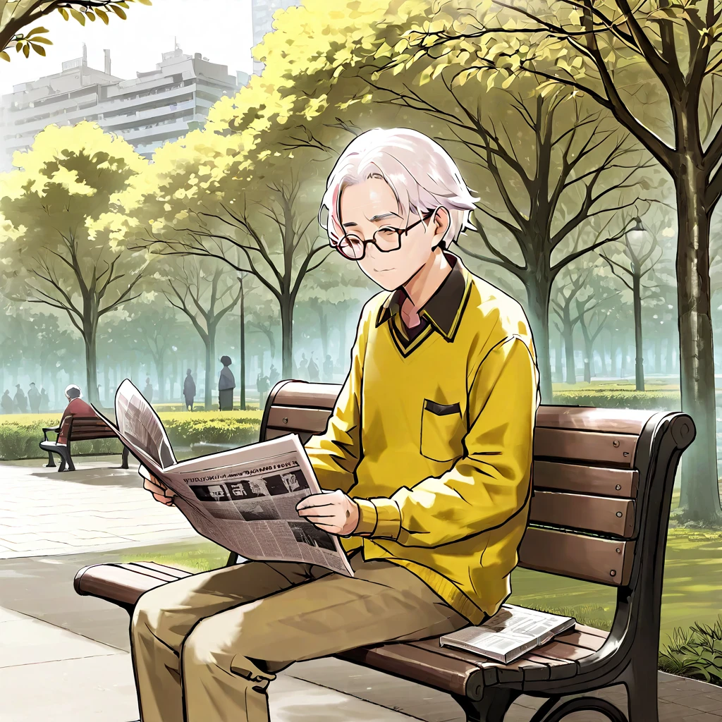 An elderly man wearing glasses，White hair，Wearing a yellow shirt，Sitting on a park bench reading a newspaper。Line drawing style，Suspenseful dark style。