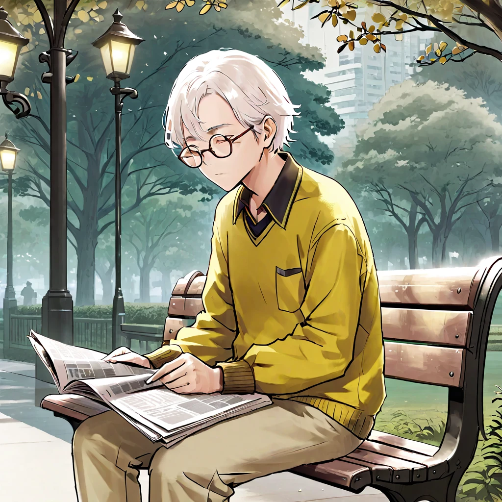 An elderly man wearing glasses,White hair,Wearing a yellow shirt,Sitting on a park bench reading a newspaper。Line drawing style,Suspenseful dark style。