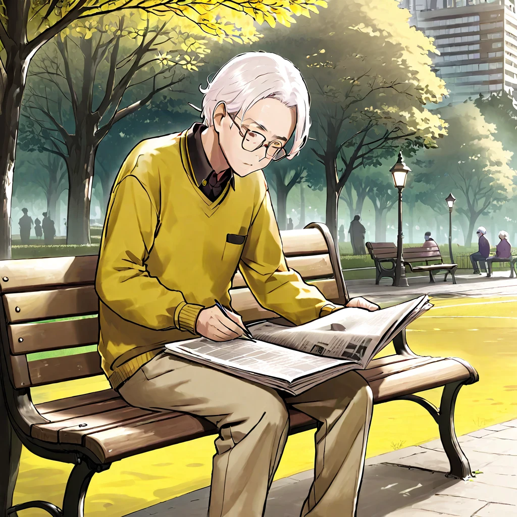 An elderly man wearing glasses，White hair，Wearing a yellow shirt，Sitting on a park bench reading a newspaper。Line drawing style，Suspenseful dark style。