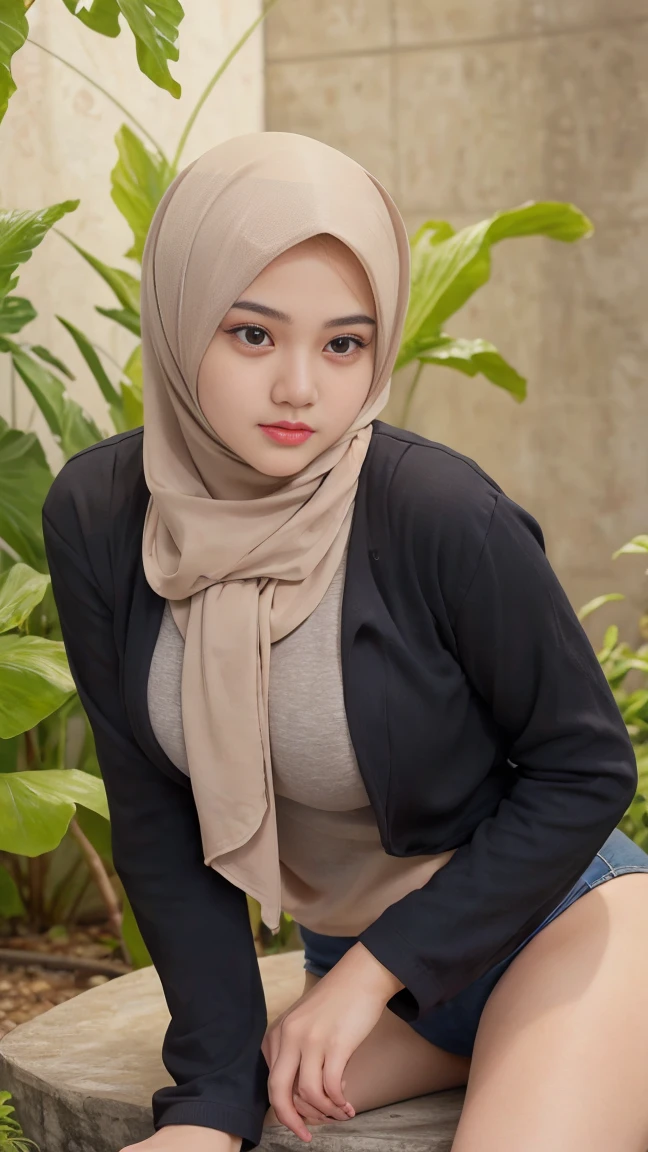 RAW, Best quality, high resolution, masterpiece: 1.3), Beautiful young indonesian girl, seductive pose, open legs showing vagina, sensual body, orgasm, highres, 4k, HDR, 1girl, photorealistic, realistic, big breasts, ((whole body)) turning away facial at viewer, closeup, park, misty, hijab, wearing jacket cover the body,