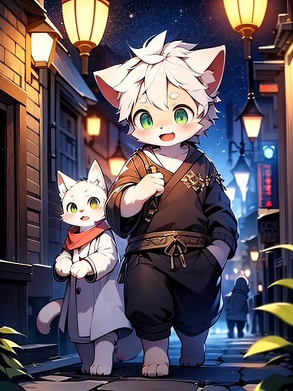 Cat，，charming，Solitary，and white hair，Big green eyes，Blushing on the face，Smile，open mouth，White bathrobe，Walk，night，Asian cities，Bright street lights，Blue and black stone road，Empty streets，Starry Sky，shadow，Detailed facial depiction，Rembrandt light and shadow，very good