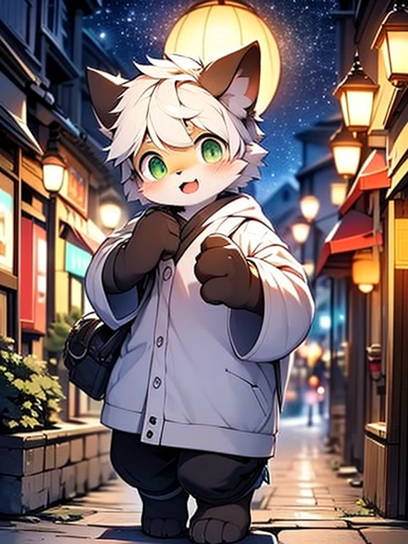 Civet cat, Little Boy, cute, (alone), (((Has brown and white fur))), Big purple eyes, Blushing, smile, Open your mouth, walking, night, Ancient Asian cities, bright street lights, Blue and black slate road, Empty Streets, Starry Sky, Shadow, Detailed facial depiction, ((Accurate hand drawing)), レンブラントの光とShadow, Ultra-fine,Completely naked,Naked,Naked,