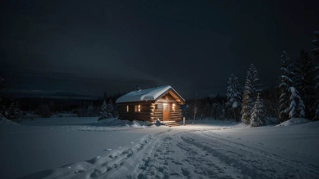 a lone cabin in the snow with a trail leading to it, a matte painting by Franz Hegi, pexels contest winner, romanticism, taken with sigma 2 0 mm f 1. 4, winter night, snowy night, mikko lagerstedt, shot with a canon 20mm lens, atmospheric cold lighting, perfect lighting in a snow storm