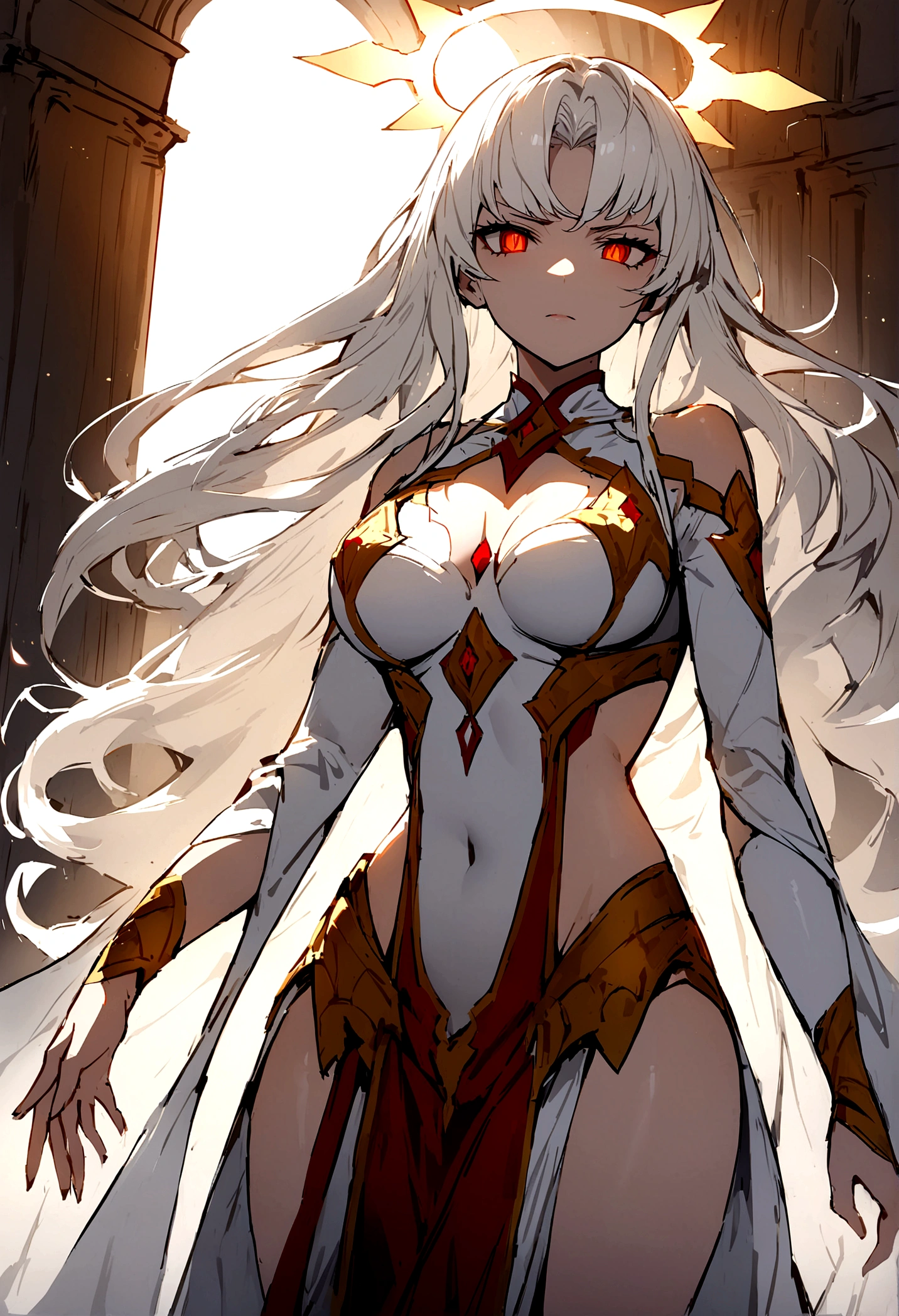 Make a woman she is a very powerful deity, and has a halo of white energy over her white hair, she has red vertical pupils, and wears divinity clothes she has a very sexy body and a serious look on her face