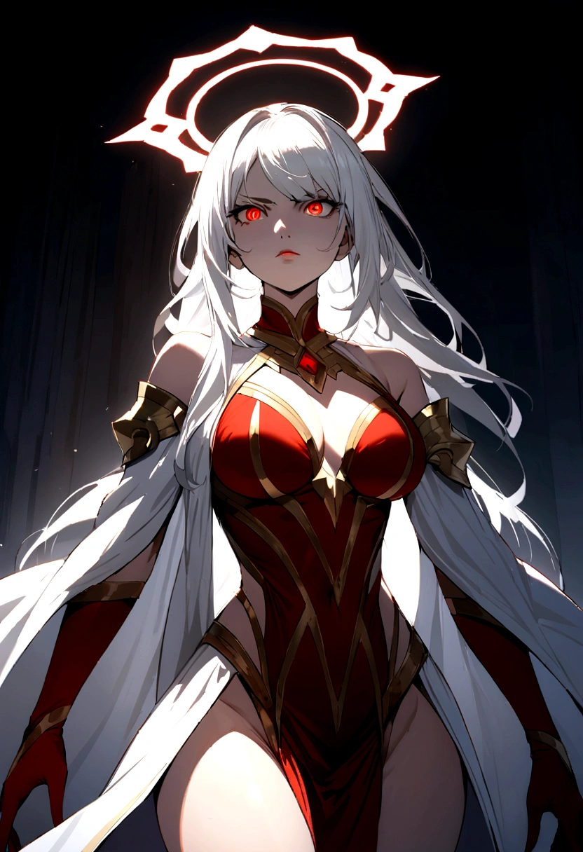 Make a woman she is a very powerful deity, and has a halo of white energy over her white hair, she has red vertical pupils, and wears divinity clothes she has a very y body and a serious look on her face