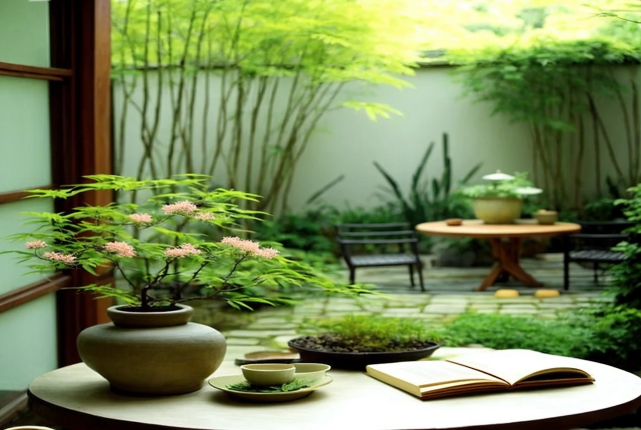 A serene indoor scene with a traditional Japanese garden in the background。On the central wooden round table、Green plants and flowers in ceramic pots are displayed.、An open book and a cup are placed on it。There is a wooden chair next to the table.、Behind the sliding glass doors is a beautiful garden with a water basin and lush bamboo.。The overall scene exudes tranquility and natural beauty.。