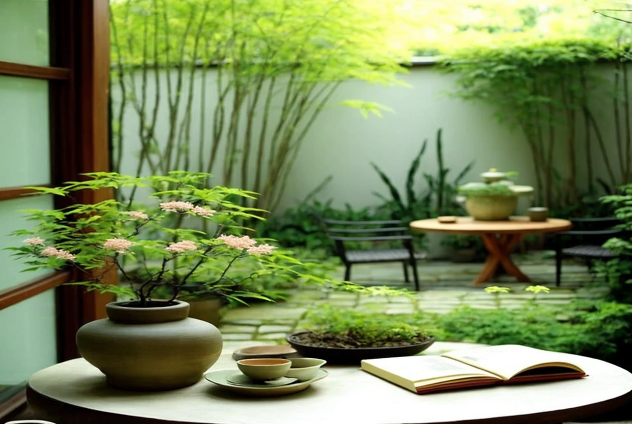 A serene indoor scene with a traditional Japanese garden in the background。On the central wooden round table、Green plants and flowers in ceramic pots are displayed.、An open book and a cup are placed on it。There is a wooden chair next to the table.、Behind the sliding glass doors is a beautiful garden with a water basin and lush bamboo.。The overall scene exudes tranquility and natural beauty.。