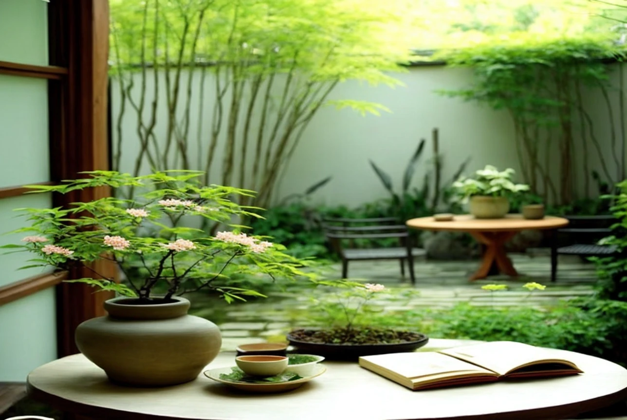 
A serene indoor scene with a traditional Japanese garden in the background。On the central wooden round table、Green plants and flowers in ceramic pots are displayed.、An open book and a cup are placed on it。There is a wooden chair next to the table.、Behind the sliding glass doors is a beautiful garden with a water basin and lush bamboo.。The overall scene exudes tranquility and natural beauty.。