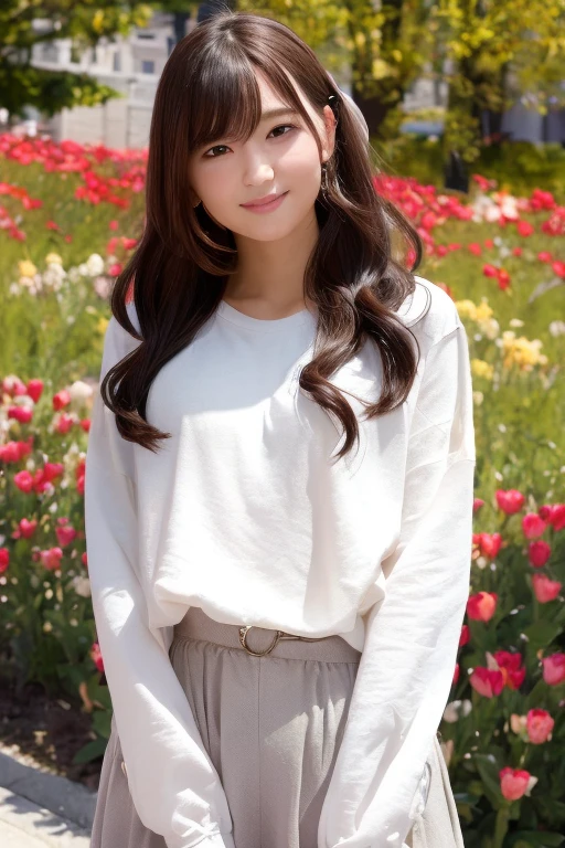 One girl (Wearing casual clothes:1.5),(In the city at noon: 1.5)(RAW Photos, Highest quality), (Realistic, photo-Realistic:1.4), masterpiece, Very delicate and beautiful, Very detailed, 2k wallpaper, wonderful, In detail, Very detailed CG unity 8k wallpaper, Super detailed, High resolution, Soft Light, Beautiful detailed girl, Very detailed eyes and face, Beautifully detailed nose, Beautiful attention to detail,Perfect Anatomy,Soft Light,Slender body,(Light of the sun),smile,(close:1.5),(View from the front:1.5),Movie angle,Slender body,(Wavy Hair),