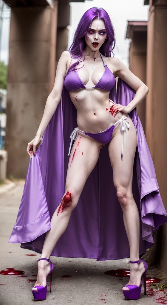 ((Female zombie))((Both eyes are completely pure white))((White skin, Nice long legs))(())((Empty eyes))((Wearing a purple deep V low-cut bikini))((Wearing purple high heels:1.2))((Covered in blood))