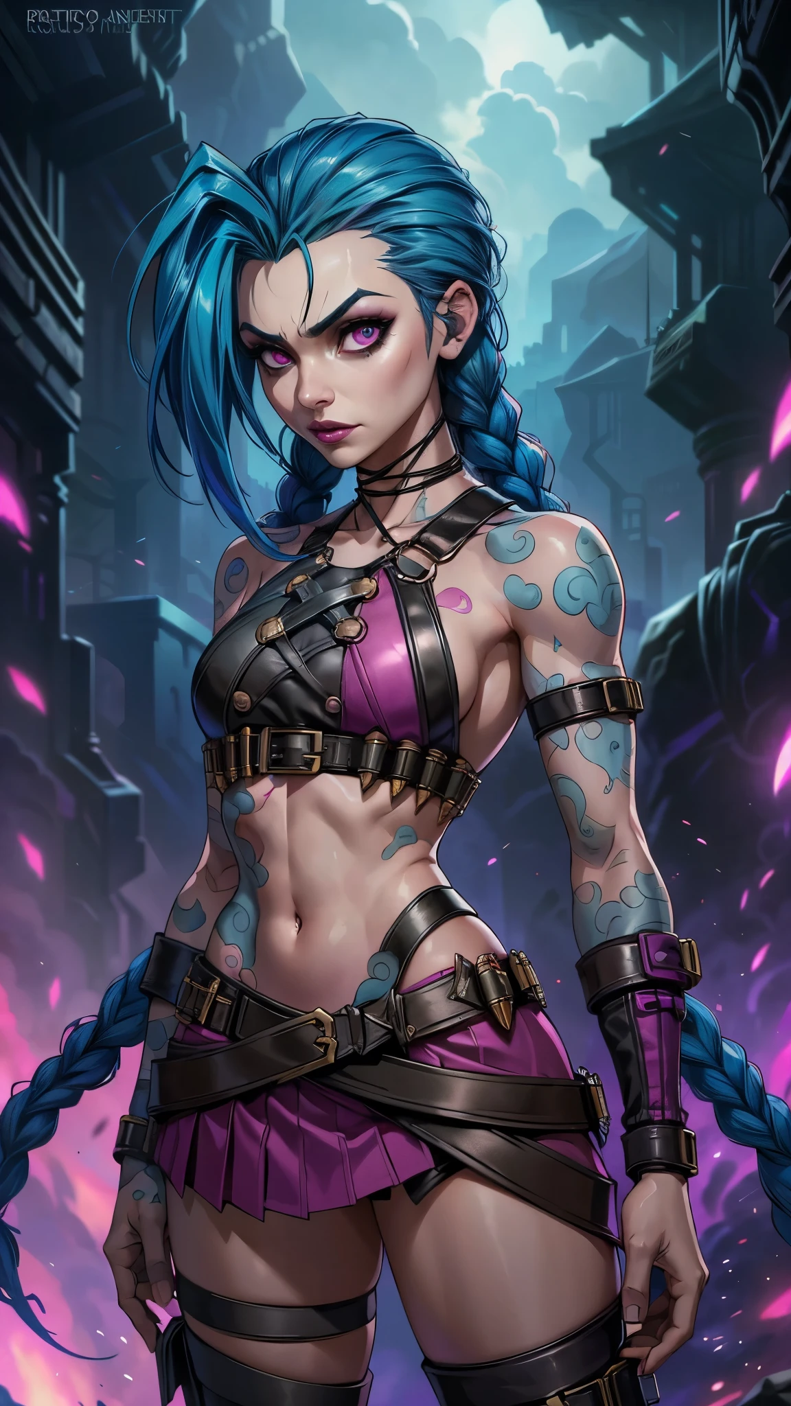 jinx arcane, uma mulher com hair blue e tatuagens, cyberpunk woman anime woman,(mini skirt pink :1.4) ,hyper detailed,extremely detailed,High contrast,Masterpiece,realist,ultra detailed, intricate details,realistic wet leather,extremely intricate,Epic realist, pants, Beautiful angry cyberpunk goddess, cyberpunk artstyle, cyberpunk anime digital art, cyberpunk anime art, Arcane Jinx Retrato, cyberpunk anime art, cyberpunk themed art, cyberpunk dark fantasy, arcane style, 1 girl, cloud tattoo on the arm, asymmetrical bangs, bangss, hair blue, blue braids, brown shirt, cloud tattoo, sideways, hair blue, long hair, pink eyes, Red lips, standing , cloud tattoo, Twin braids. Arcane Jinx. Jinx in a burning place, spark, spheres of light, Film Poster, Jinx, Arcane\(league of legends\, Epic Fantasy Art Style HD, 4K fantasy art, epic fantasy digital art style, epic fantasy art style, Fantasy Woman, epic fantasy art portrait, Epic fantasy style, hyperrealistic fantasy art, hd fantasy art, Epic fantasy character art, epic fantasy art, in style of dark fantasy art, epic fantasy digital art, ,(Fondo de ruinas de mazmorra en ruinas:1.4 ),( face detailed :1.4), (anatomía perfecta :1.4),( iluminación cinematográfica :1.4), (Jinx League of legends:1.4), More detailed 8K.motor irreal:1.4,UHD,La mejor calidad:1.4, fotorrealista:1.4, textura de la piel:1.4, obra maestra:1.8,obra-prima, mejor calidad,objeto Objeto], (detailed face features:1.3),(Las proporciones correctas),(Ojos hermosos azules),  (pose vaquero), (fondo piedras grandes cueva caverna :1.4) 