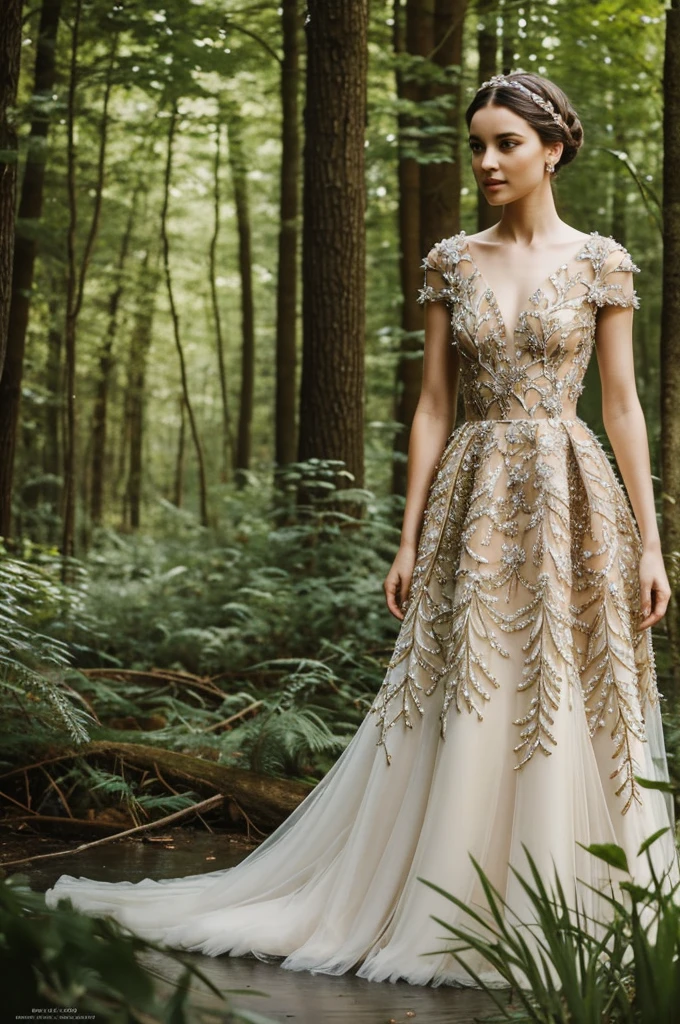 Help me make a girl with a haute couture dress totally inspired by nature