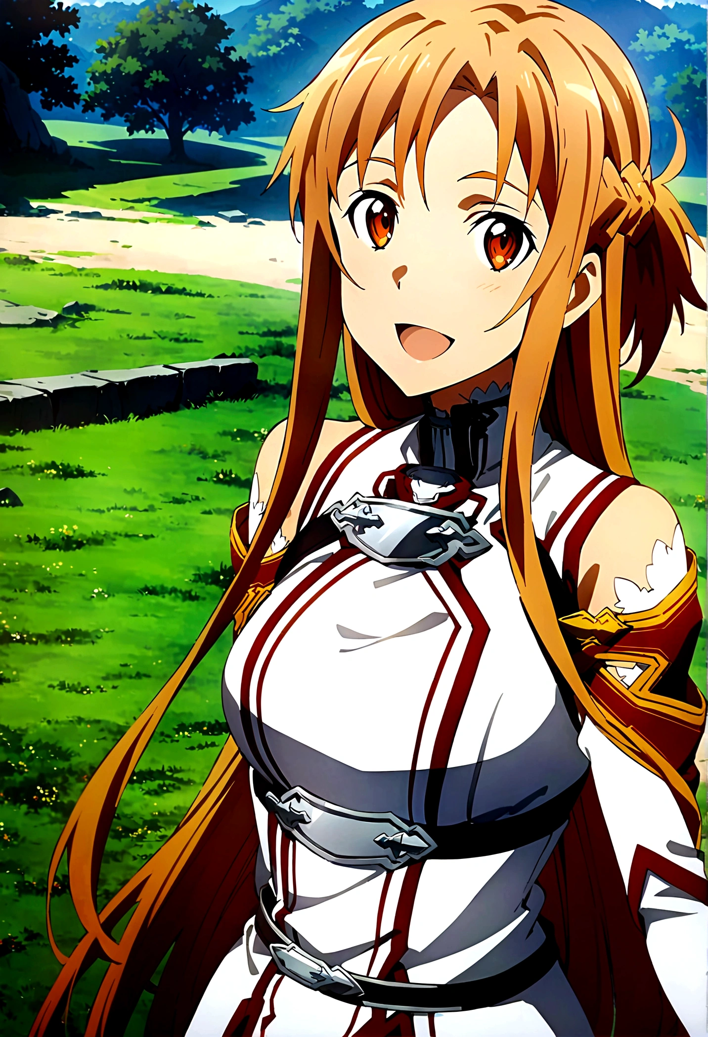 masterpiece, best quality, very aesthetic, absurdres, very beautiful, super detail, very detail, 4k, official style, 1girl, asuna \(sao\), sword art online, medium_breasts, newest, smile, open_mouth, slender, look_at_viewer