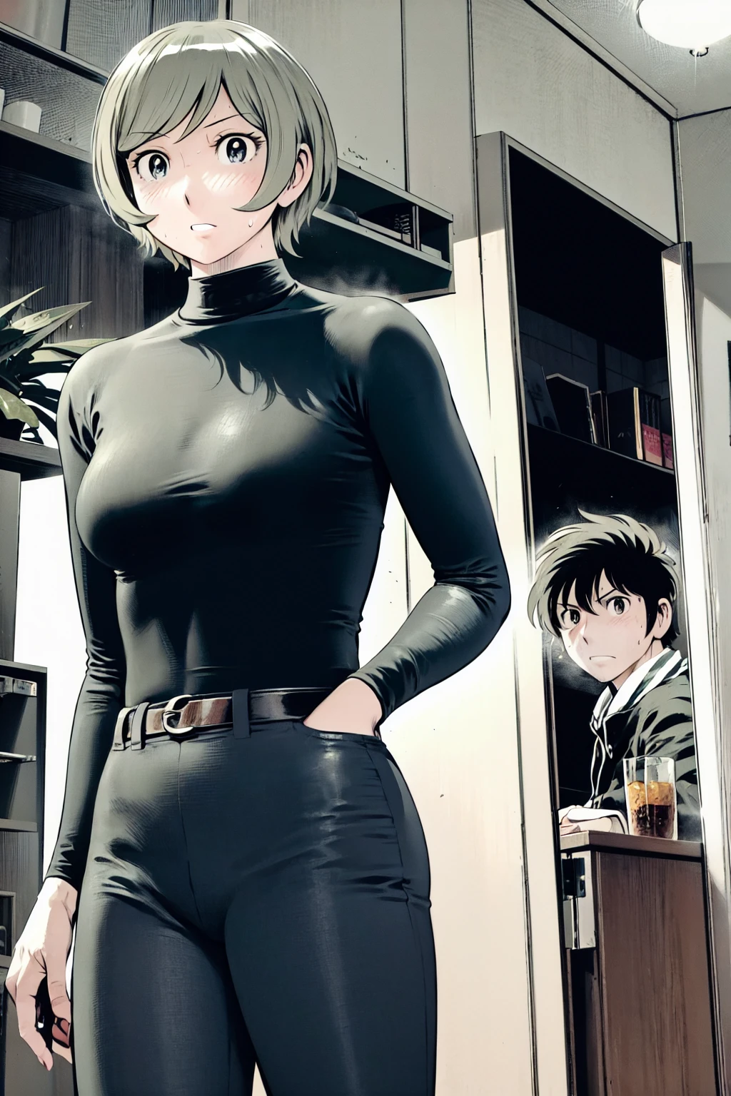 、(masterpiece、Highest quality)、Highest quality, Ultra-high resolution, (((masterpiece))), alone, Sweat、Big eyes,Tight black shirt、Tight white pants、belt、indoor、Composition from the front、(Cut the back hair short、short hair、blonde、woman)、Shortcuts、Embarrassed face、Cut your hair short、可愛いwomanの子、Big Breasts、office