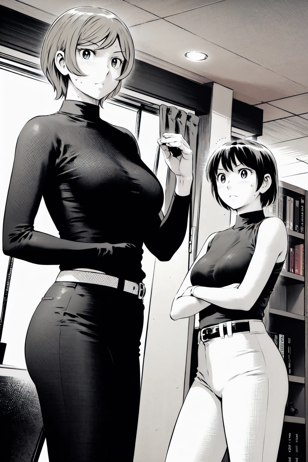 、(masterpiece、Highest quality)、Highest quality, Ultra-high resolution, (((masterpiece))), alone, Sweat、Big eyes,Tight black shirt、Tight white pants、belt、indoor、Composition from the front、(Cut the back hair short、short hair、blonde、woman)、Shortcuts、Embarrassed face、Cut your hair short、可愛いwomanの子、Big Breasts、office