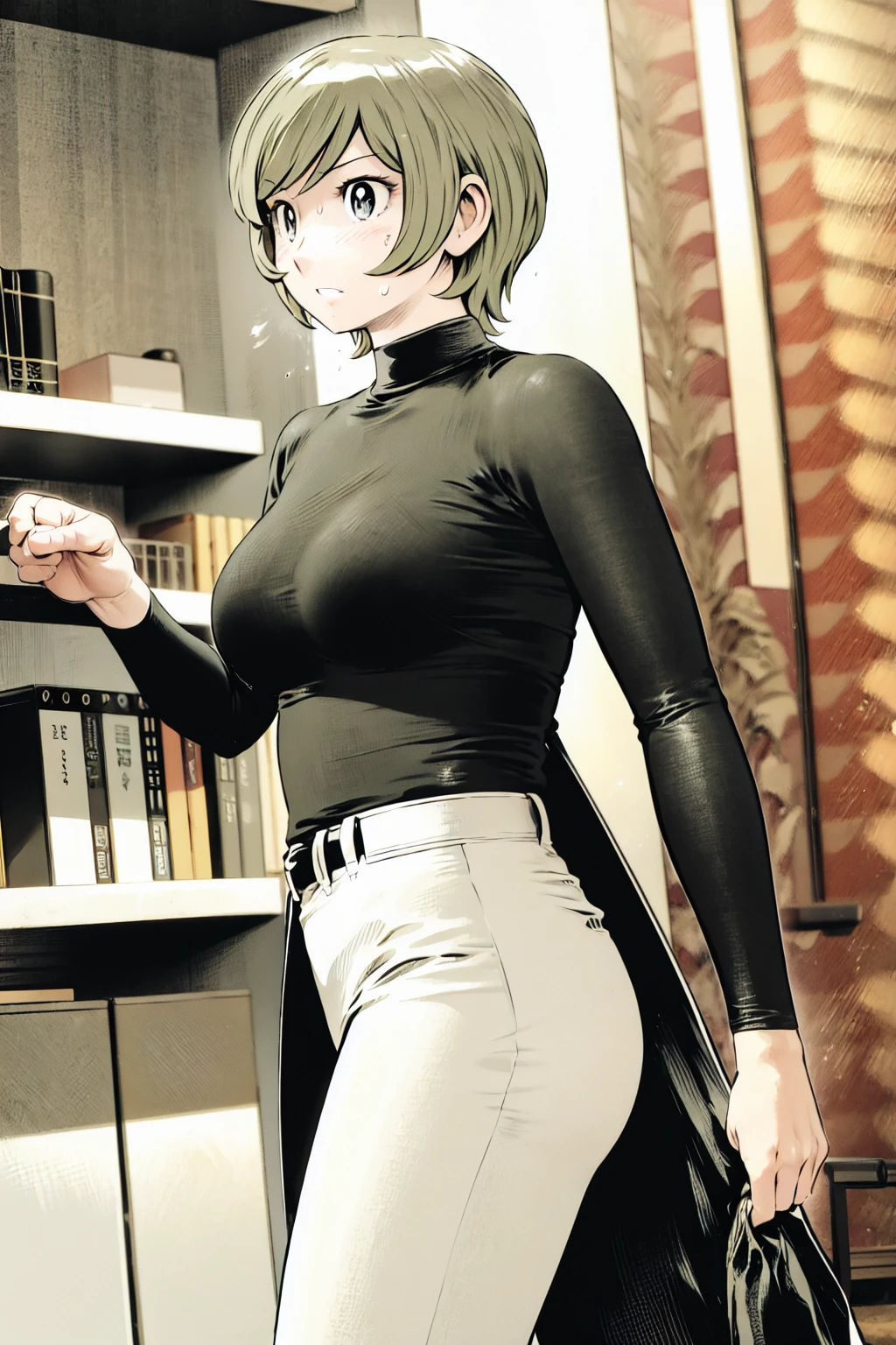 、(masterpiece、Highest quality)、Highest quality, Ultra-high resolution, (((masterpiece))), alone, Sweat、Big eyes,Tight black shirt、Tight white pants、belt、indoor、Composition from the front、(Cut the back hair short、short hair、blonde、woman)、Shortcuts、Embarrassed face、Cut your hair short、可愛いwomanの子、Big Breasts、office