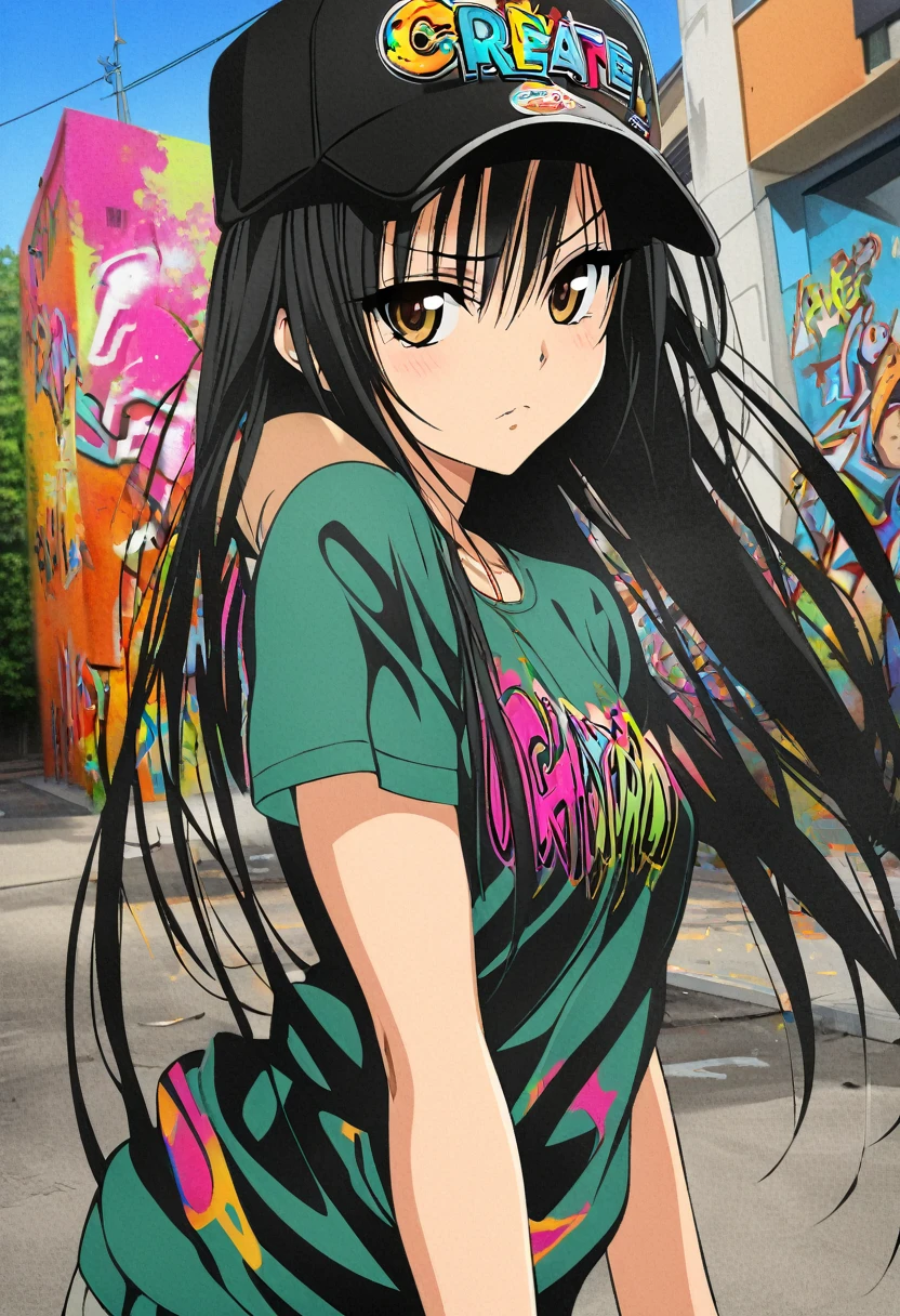 One girl, kotegawa yui, to love-ru,perfect body,black Hair, long Hair, brown eyes,cap,
break,Create an image in the style of graffiti art, banksie style,at school,outdoor,with bold colors, expressive lettering, and a rebellious, urban vibe.