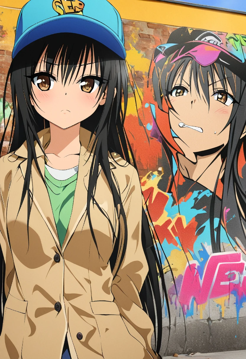 One girl, kotegawa yui, to love-ru,perfect body,black Hair, long Hair, brown eyes,cap,
break,Create an image in the style of graffiti art, banksie style,at school,outdoor,with bold colors, expressive lettering, and a rebellious, urban vibe.