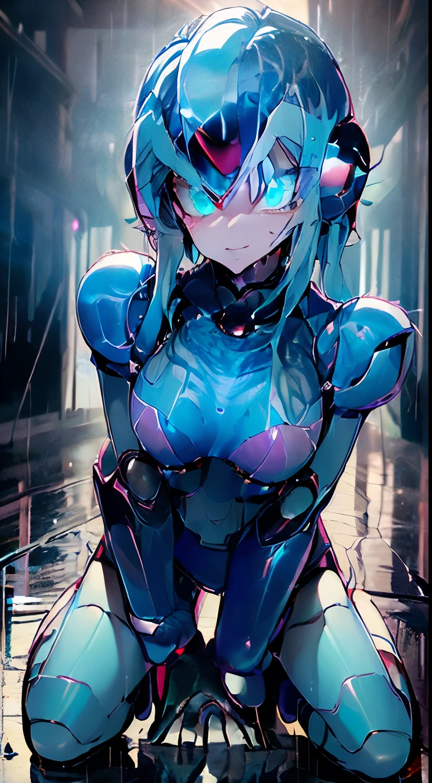 top-quality、Top image quality、​masterpiece、Android Girl((sixteen years old,Body full of scars、Broken cybersuit glowing black, red and white、Blue energy source for the chest,Best Bust、Bust 90、Light blue shiny hair、Longhaire,Cyber Skirt、Blue-green eyes、open chest wide、Valley、Happiness、A slender、the whole body is wet、Fall to the floor、Kneeling)）hiquality、Beautiful Art、Background with((Magical Night City、Very heavy rain))、masutepiece、Elaborate design、visualart、Theatrical films, neon eyes, cyberpunk, futuristic 