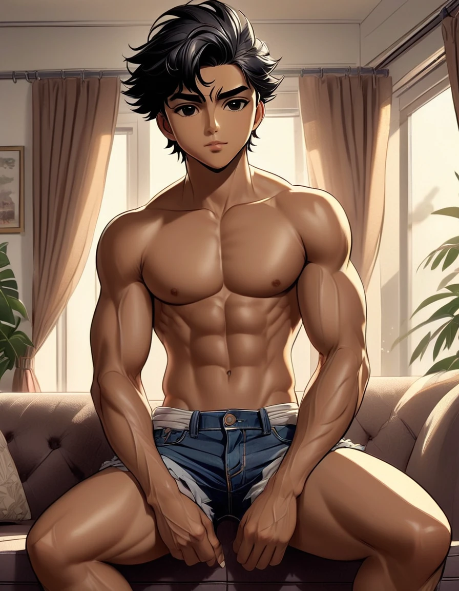anime+yaoi+hentai style, hentai style colors palette , simetryc composition, ultradetailed art style, oil painting, fullbody, perfect compositicion, perfect anatomy, wearing small litle shorts, dramatic, natural lighting, a young gorgeous, shirtells pantless,barefoot, small, erected penis, handsome, tall, perfect feet, latino , detailed realistic muscles, simetryc body,
he is naked, small erected penis, sitting on the coach legs wide spreaded starting to the viewer in a rustric living room
