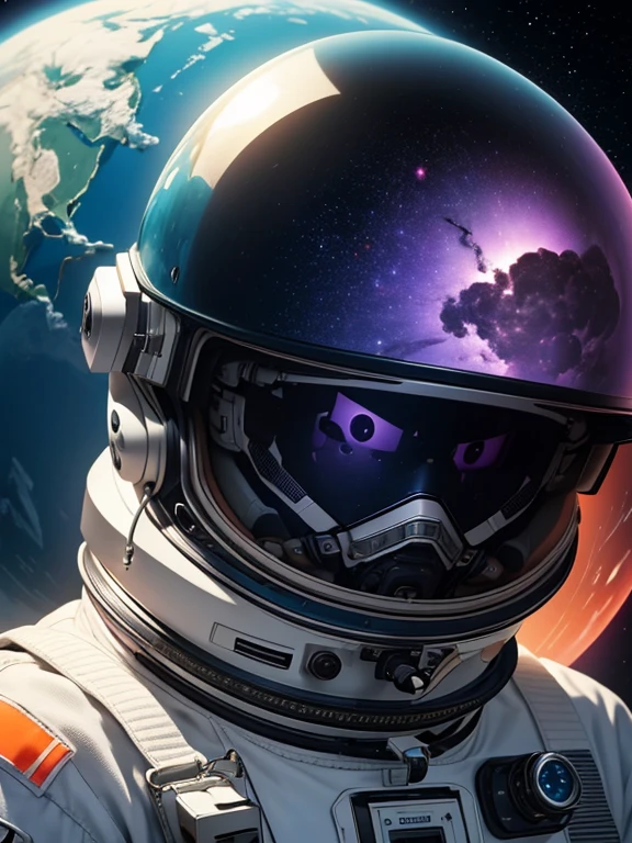 The The aesthetics of an astronaut. Put together. Double exposure. A cute little astronaut. It stands on a small purple-purple fluffy planet. Close-up. There are large multicolored tulips behind the cosmonaut. Smoke is visible in the reflection of the helmet glass. The lower part is enveloped in multicolored starry smoke billowing upwards. Everything is in gray-orange and gray-turquoise gradients. Incredible digital processing. Hyperdetalization, hyperrealistic.aesthetics of an astronaut. Put t