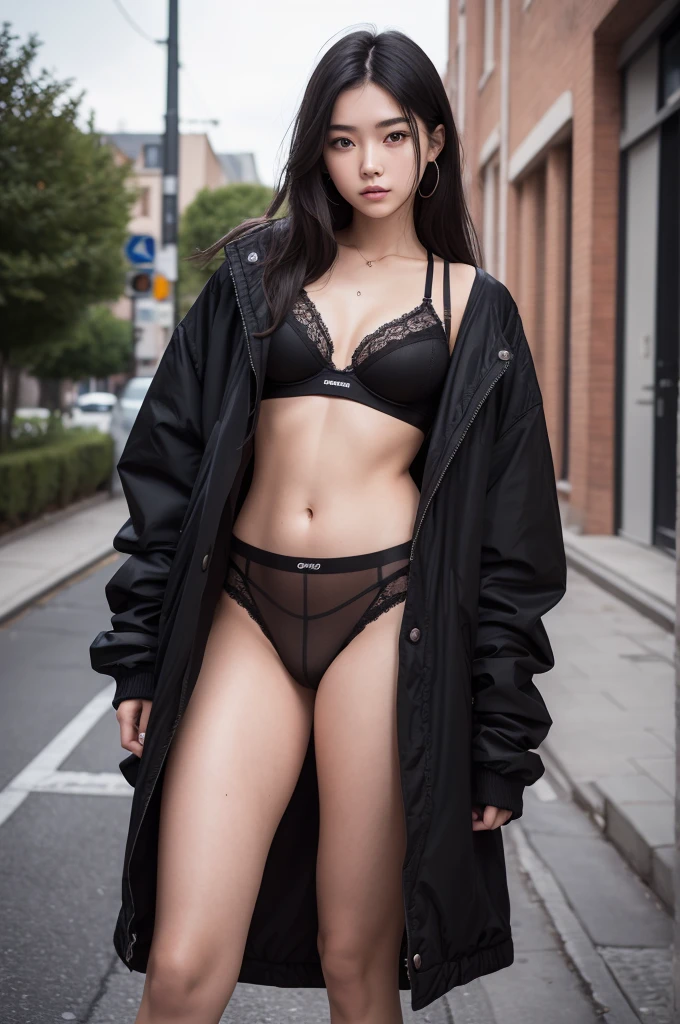 photograph of a 20 year old woman, face perfect, OGood de arte, Good, Underwear, blackw_Good, jaket, blackw_knickers