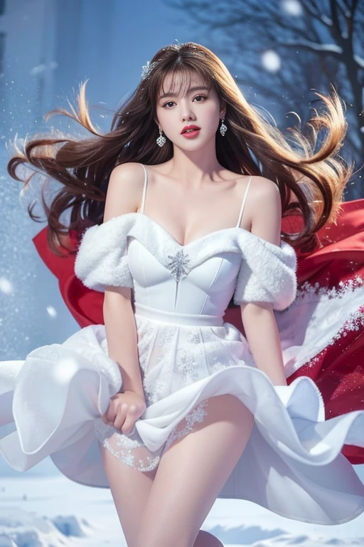 masterpiece、quality、Super detailed、Marilyn Takis，Focus on the thighs and above，Clear face，（Best quality at best）， beautiful girl：1.5、Red fluffy off-shoulder dress style，long hair flying，Snowflake earrings、snowflakes falling、Vague、snow world, red underwear showing detailed.