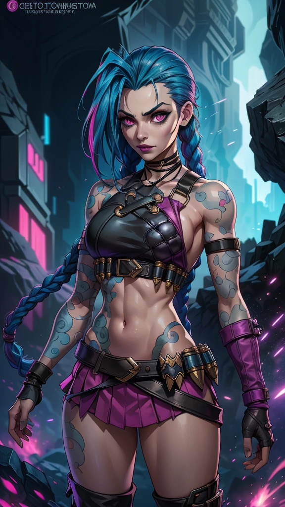 jinx arcane, uma mulher com hair blue e tatuagens, cyberpunk woman anime woman,(mini skirt pink :1.4) ,hyper detailed,extremely detailed,High contrast,Masterpiece,realist,ultra detailed, intricate details,realistic wet leather,extremely intricate,Epic realist, pants, Beautiful angry cyberpunk goddess, cyberpunk artstyle, cyberpunk anime digital art, cyberpunk anime art, Arcane Jinx Retrato, cyberpunk anime art, cyberpunk themed art, cyberpunk dark fantasy, arcane style, 1 girl, cloud tattoo on the arm, asymmetrical bangs, bangss, hair blue, blue braids, brown shirt, cloud tattoo, sideways, hair blue, long hair, pink eyes, Red lips, standing , cloud tattoo, Twin braids. Arcane Jinx. Jinx in a burning place, spark, spheres of light, Film Poster, Jinx, Arcane\(league of legends\, Epic Fantasy Art Style HD, 4K fantasy art, epic fantasy digital art style, epic fantasy art style, Fantasy Woman, epic fantasy art portrait, Epic fantasy style, hyperrealistic fantasy art, hd fantasy art, Epic fantasy character art, epic fantasy art, in style of dark fantasy art, epic fantasy digital art, ,(Fondo de ruinas de mazmorra en ruinas:1.4 ),( face detailed :1.4), (anatomía perfecta :1.4),( iluminación cinematográfica :1.4), (Jinx League of legends:1.4), More detailed 8K.motor irreal:1.4,UHD,La mejor calidad:1.4, fotorrealista:1.4, textura de la piel:1.4, obra maestra:1.8,obra-prima, mejor calidad,objeto Objeto], (detailed face features:1.3),(Las proporciones correctas),(Ojos hermosos azules),  (pose vaquero), (fondo piedras grandes cueva caverna :1.4) 