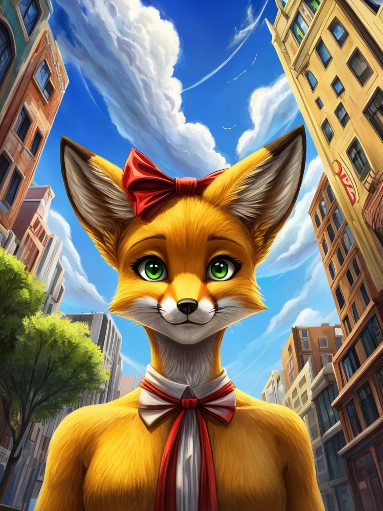 ((realisitic)), ((detailded)), illustration, perspective of the scene (urban environment), Character appearance (yellow fur, Fox Head, with a bow, and humanoid body, greeneyes, and she's wearing an elegant coat, in the middle of a snowy morning with an imposing air), Background Elements (Snow field in winter).