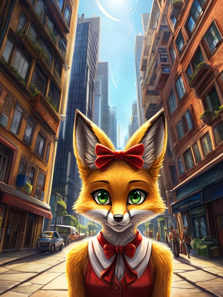 ((realisitic)), ((detailded)), illustration, perspective of the scene (urban environment), Character appearance (yellow fur, Fox Head, with a bow, and humanoid body, greeneyes, and she's wearing an elegant coat, in the middle of a snowy morning with an imposing air), Background Elements (Snow field in winter).