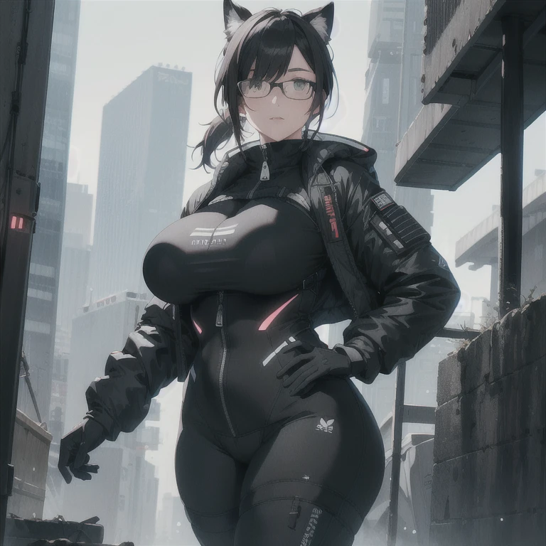 Absurd resolution,high resolution,(masterpiece: 1.4),hyper-detail,fullbody shot,head to toe,full frontal camera perspective,solo,shorter,standing,glasses,kemono feline cat futanari,no skin other than neck and head shown,watertight paneled seam suit,black hair,messy ponytail,cute face,detailed soft grey luminous eyes,huge massive hyper super swollen heavy milky breasts,breasts so big that cover her whole torso and are bigger than her head while being so big they reach her bellybutton,extremely super large swollen perky heavy bust,super huge enormously gigantic tits,gigantic breasts stretching/straining out of her outfit looking like they are about to burst out,breasts compressed squishing barely contained in outfit,inflated breasts,breast_expansion,super gigantic swollen heavy tits,wide full hips,narrower torso and shoulders,smaller torso,narrower waist,full thicc big soft thighs,thicc big full thighs,big rounded full soft butt,thicc butt,ruggedized utility styled outfit,fully insulated suit,full body outfit coverage with no skin showing or revealed,airtight/watertight zippers and seals,scifi monochrome black and grey fullbody covering protective padding rugged loose-fitted pilot utility suit with strategically placed protective padding,white watertight zipper utility cropped top for breasts support with a black strap horizontal across cleavage worn on top of suit,tactical strategic angular-patterned protective padding on hips and thighs and abdomen,practical/functional clothing,weather-proof durable clothing material,nylon clothing material,custom made clothing to fit and support large breasts,scifi padded rugged rigid high collar cropped cutout fitted techwear jacket,armored high collar,white and black triangular decals and techwear iconography on apparel and clothing,techwear gloves,ruggedized tech,ruggedized tech aesthetic,fitted utility pants,utility chaps,near future scifi,cyberpunk aesthetic,anime aesthetic,tactical aesthetic,nasapunk apparel,death stranding