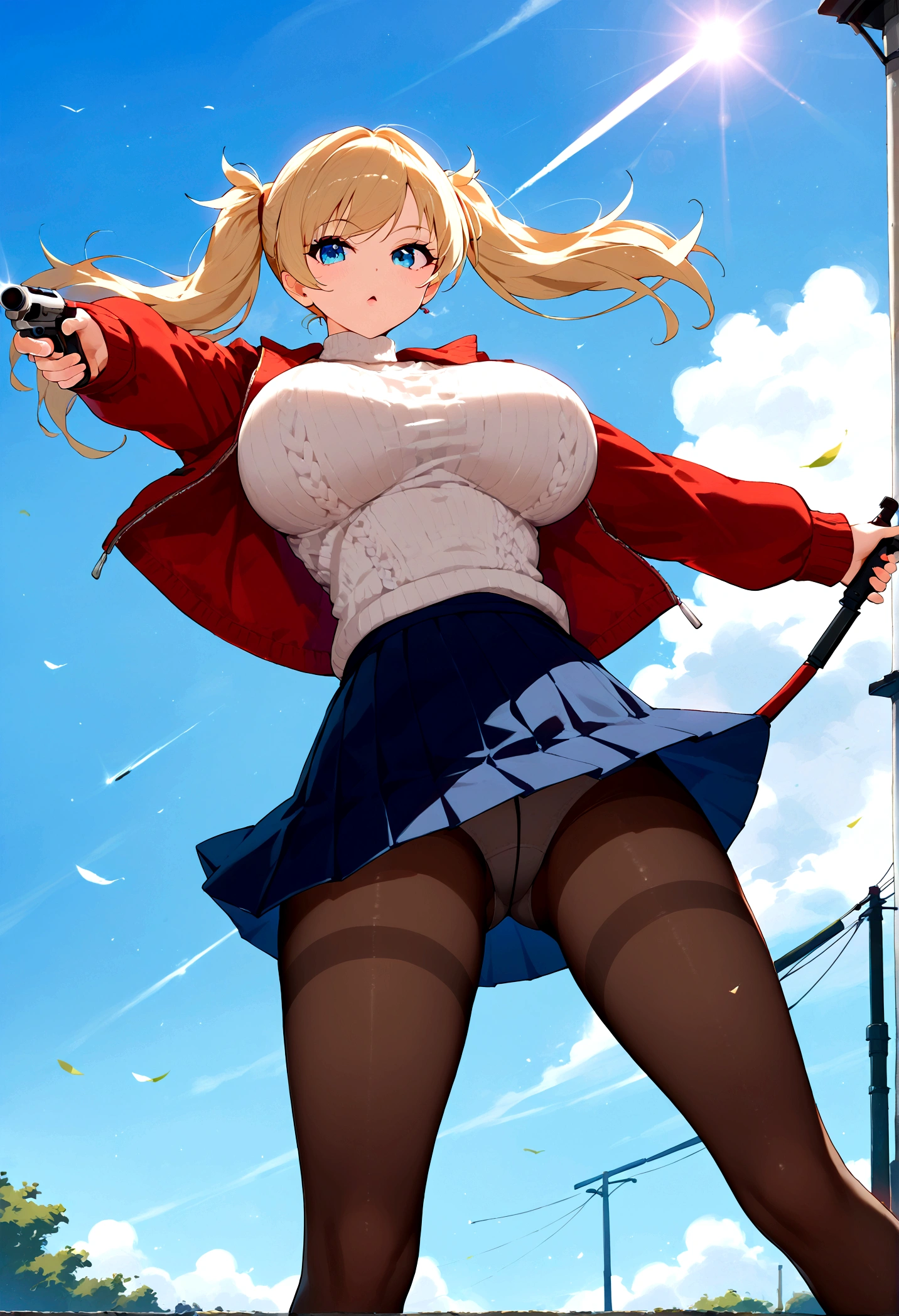 score_9, score_8_up, score_7_up, score_6_up,score_5_up,score_4_up, BREAK ,big breasts, 1girl, solo, masterpiece, best quality, 1girl, shirt, blonde hair, twintails,sweater, pantyhose, jacket, dof, side lighting, (aiming at viewer:1.3), wind lift, amusement park,