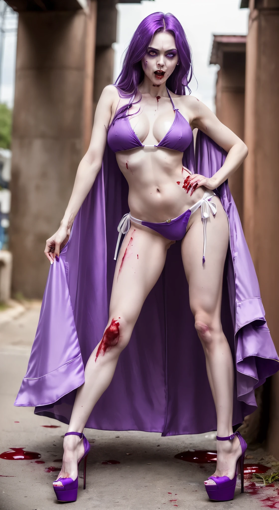 ((Female zombie))((Both eyes are completely pure white))((White skin, Nice long legs))((Big tits))((Empty eyes))((Wearing a purple deep V low-cut bikini))((Wearing purple high heels:1.2))((Covered in blood))