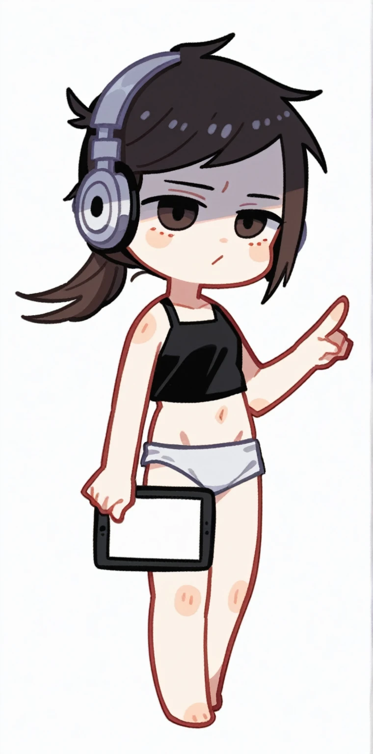 cartoon girl with headphones and a tablet pointing at something, full body!, in an anime style, full_body!!, ecchi anime style, with headphones, with head phones, chibi style, cel shaded!!!, unknown artstyle, thicc, jaidenanimations, chibi, anime moe artstyle, holding a pudica pose
