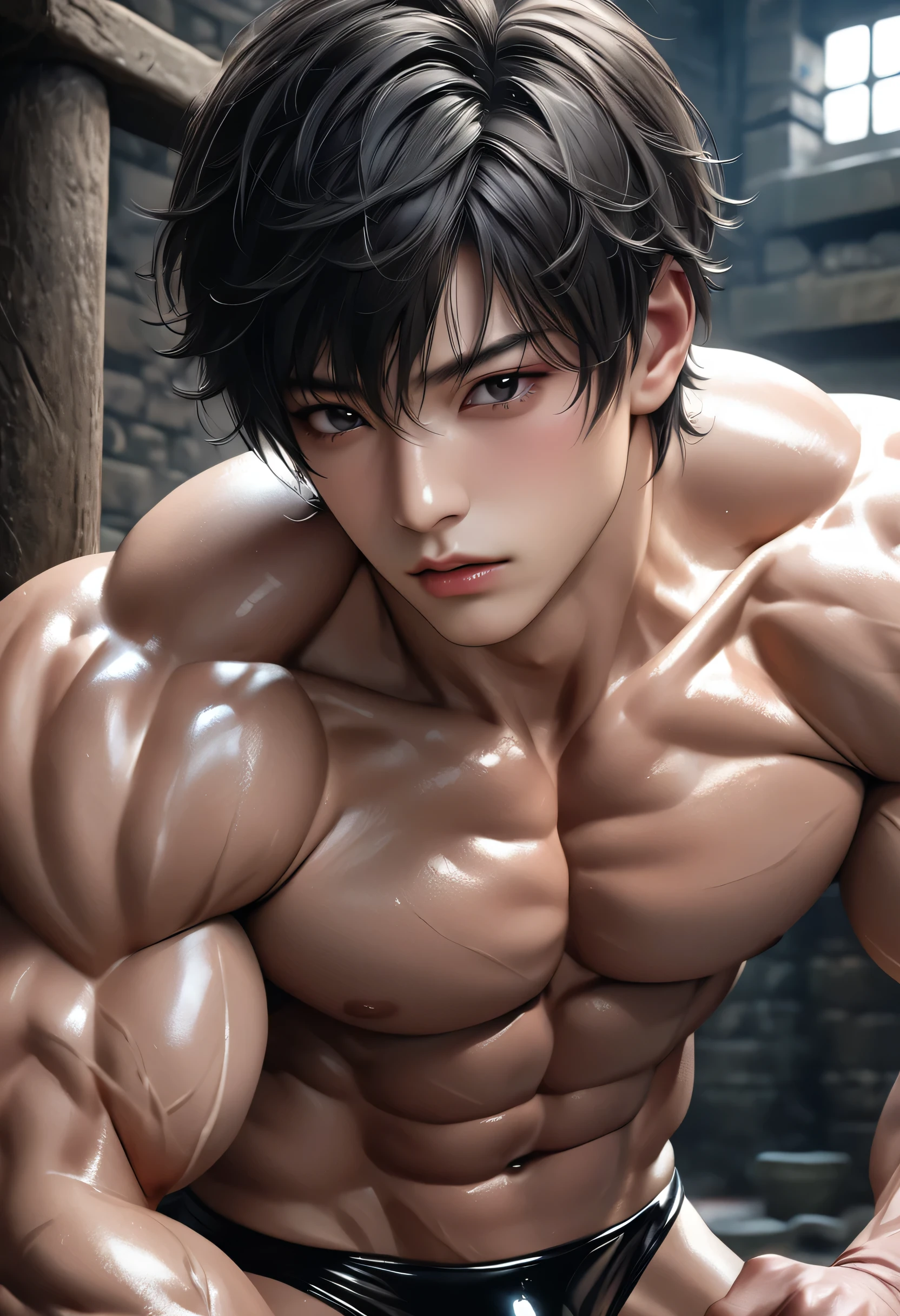 high quality, detailed, (22 years old japanese idol wrestler boy), (detailed black eyes), (black short hair), (muscle:1.5), (shiny skin:1.3), black tiny thong, bulge,(detailed nipples), yard, dungeon, (best quality,4k,8k,highres,masterpiece:1.2), face close up,(realistic,photorealistic,photo-realistic:1.37),
