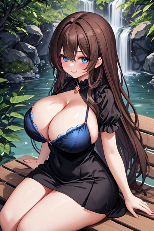 A stunning shot of the curvy beauty! She sits on a rustic bench, her incredibly Big breasts spilling out of a low-cut dress. The camera frames her, emphasizing her overwhelming huge breasts and overly thicc thighs. Her lush brown hair cascades down her back like a waterfall, and her beautiful blue eyes sparkle with mischief. A cute smile plays on her lips as she gazes directly at the viewer, her insanely voluminous cleavage and voluptuous figure drawing all attention.