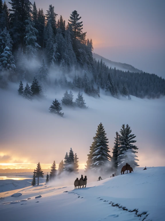 3 camels walking in the snow, blizzard, fog, professional photography, light beige, ash-blue, gray-olive, emerald, Christmas trees, foreground, medium zebra Cliff , stratosphere, northern lights, height of the cliff of the pine lake below fog haze bright, stars, rain