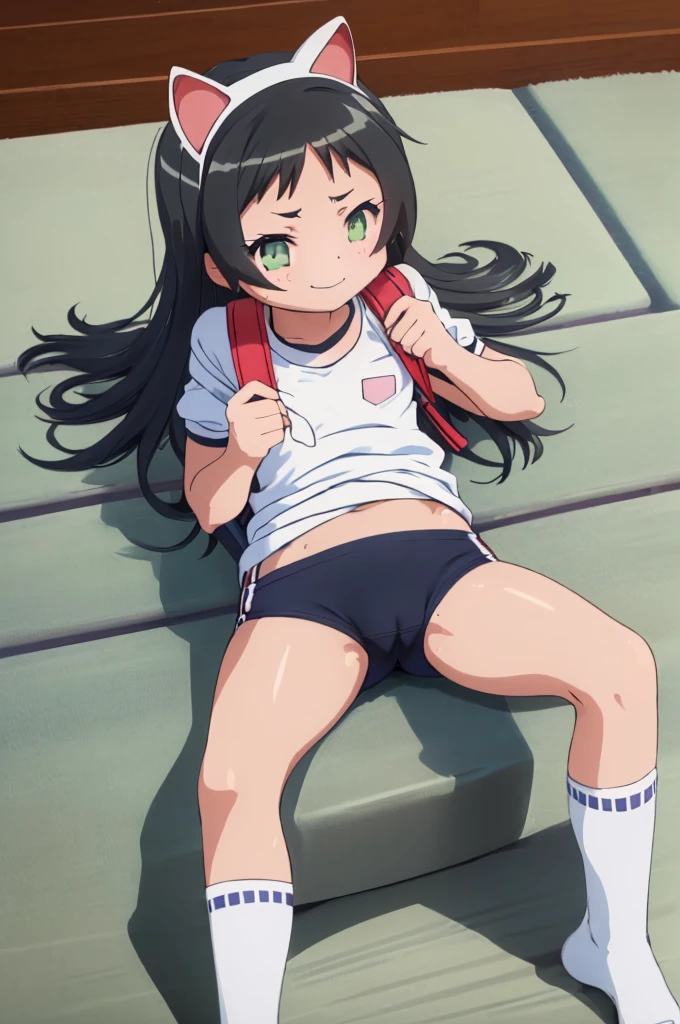 masterpiece, ultra quality, ultra sharp, ultra detailed, 1girl, solo, (good anatomy), haduki kurumi, (tattered torn dripping wet white gym shirt), navy gym pants, animal ears, randoseru, name tag, Japanese anime pose, laugh, BurumaShorts, Buruma, Gym Uniform, (((lying:1.4, spread_legs, legspread, split_legs, spreading legs)), (randoseru backpack:1.4), (((smirk smile))):1.4, buruma, blue buruma, black buruma, (cameltoe), (tattered torn short sleeve white gym uniform with colored hem), (tiny nipples), (white long loose socks), strong lighting, legspread, bukkake, cum on clothes, cum on legs, cum on buruma, cum on bloomers,