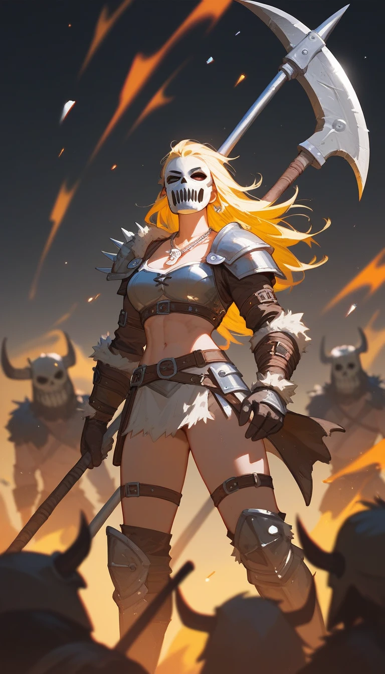 (Fraction_9,Fraction_8_Direction_7_up),1 a woman,(((bust))), barbarian,Olaf,Beast head,Cloaked in animal skins,Leather Armor,Yellow Hair,With an axe,Bone necklace,Iron Mask